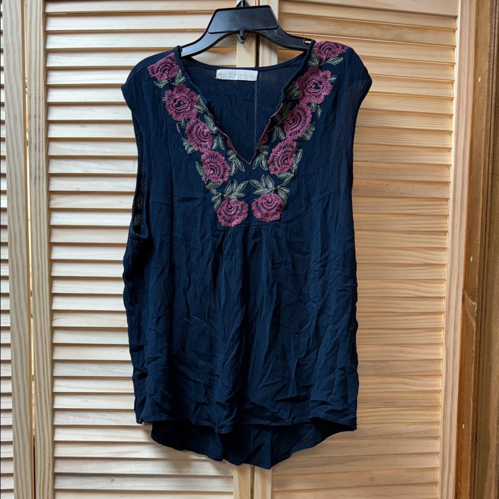 Navy Sleeveless Blouse with Floral Embroidery
